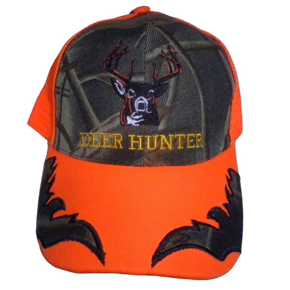 Embroidered Deer Hunter Ball Cap, Orange Mesh, Camo Front, Snapback Trucker Hat